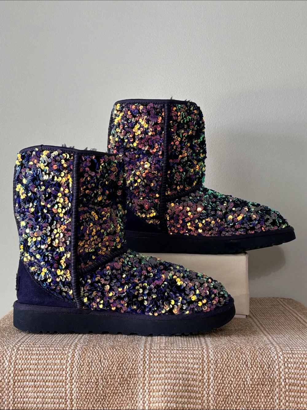 UGG Classic Short Stellar Jewel Violet Sequined Shearling Lined Booties. Size-9
